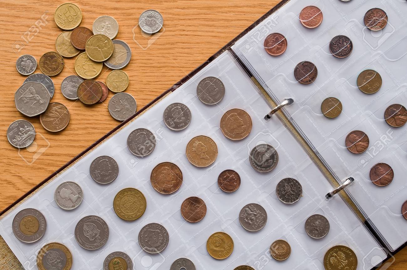 Page of numismatics album with different coins