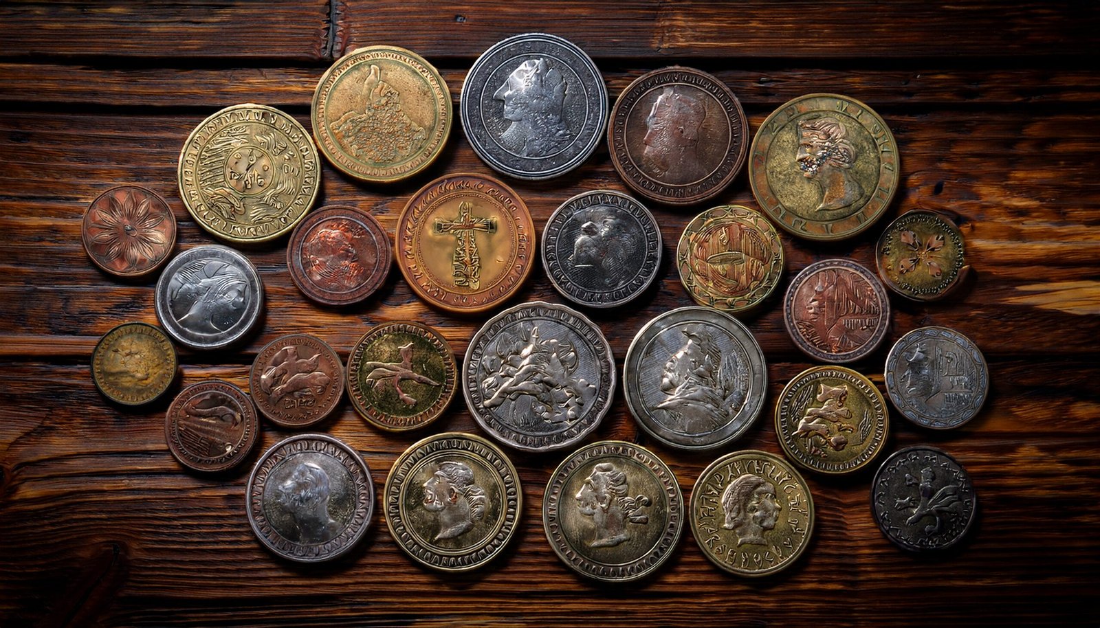 Firefly A vintage collection of world coins from different centuries displayed on an old wooden tabl