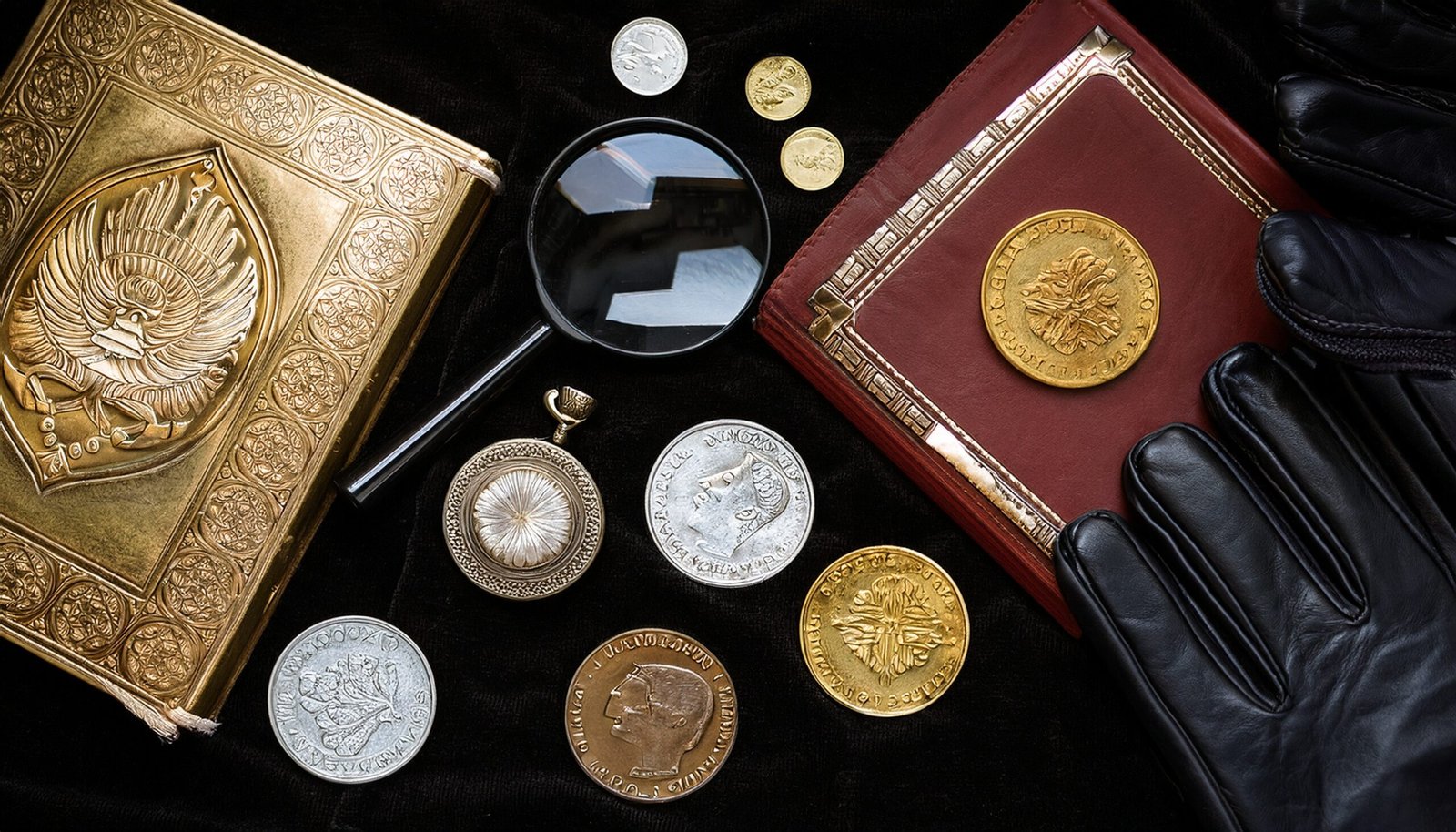 Firefly An elegant flatlay of rare silver and gold coins on velvet cloth, magnifying glass, notebook
